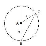 The circle with points A, B, and C, with A being the center, B and C being on the circumfrence, and the distances from A to B or A to C labeled as x units.